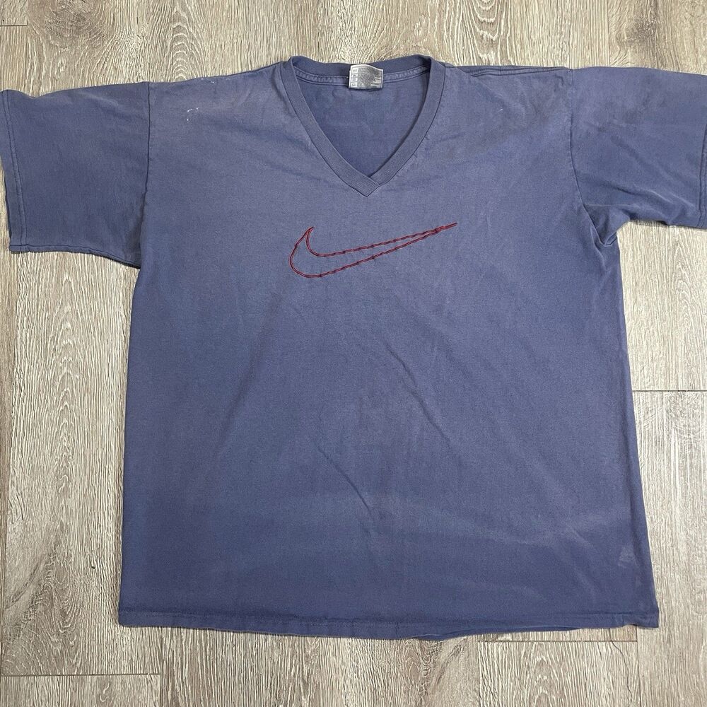 VTG Nike Center Swoosh T-Shirt Size L Blue Made In USA Embroidered Swoosh V Neck